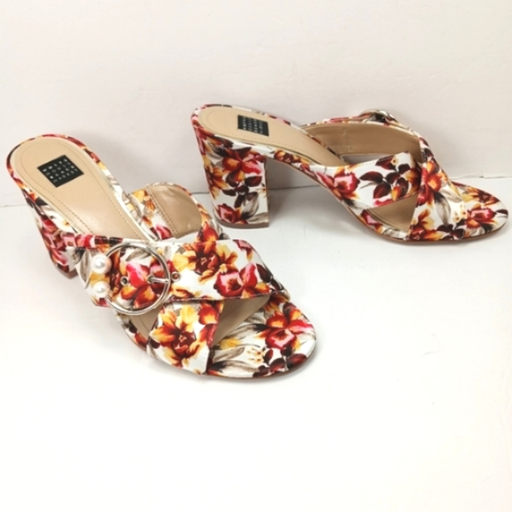 WHITE HOUSE BLACK MARKET Floral Satin Sandals Side Buckle Covered Block …